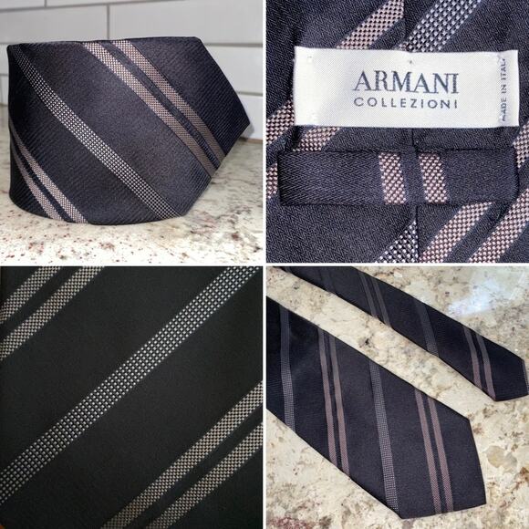 Giorgio Armani Men’s Silk Designer Tie Black Gray Tan Diagonal Stripe EUC - Picture 1 of 8